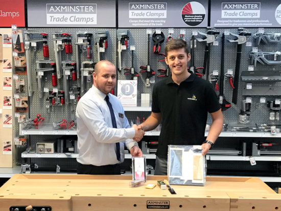 Manager Lee (left) gifting items from our Axminster Rider and Lie-Nielsen range to Christopher Caine, who is competing in the Joinery category at the EuroSkills 2018 in Budapest