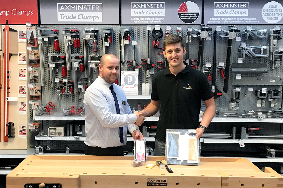 Manager Lee (left) gifting items from our Axminster Rider and Lie-Nielsen range to Christopher Caine, who is competing in the Joinery category at the EuroSkills 2018 in Budapest